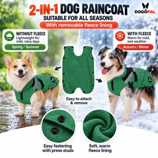 DOGOPAL All-Season Dog Coat with Removable Fleece – Waterproof Dog Raincoat for Small & Large Dogs GREEN