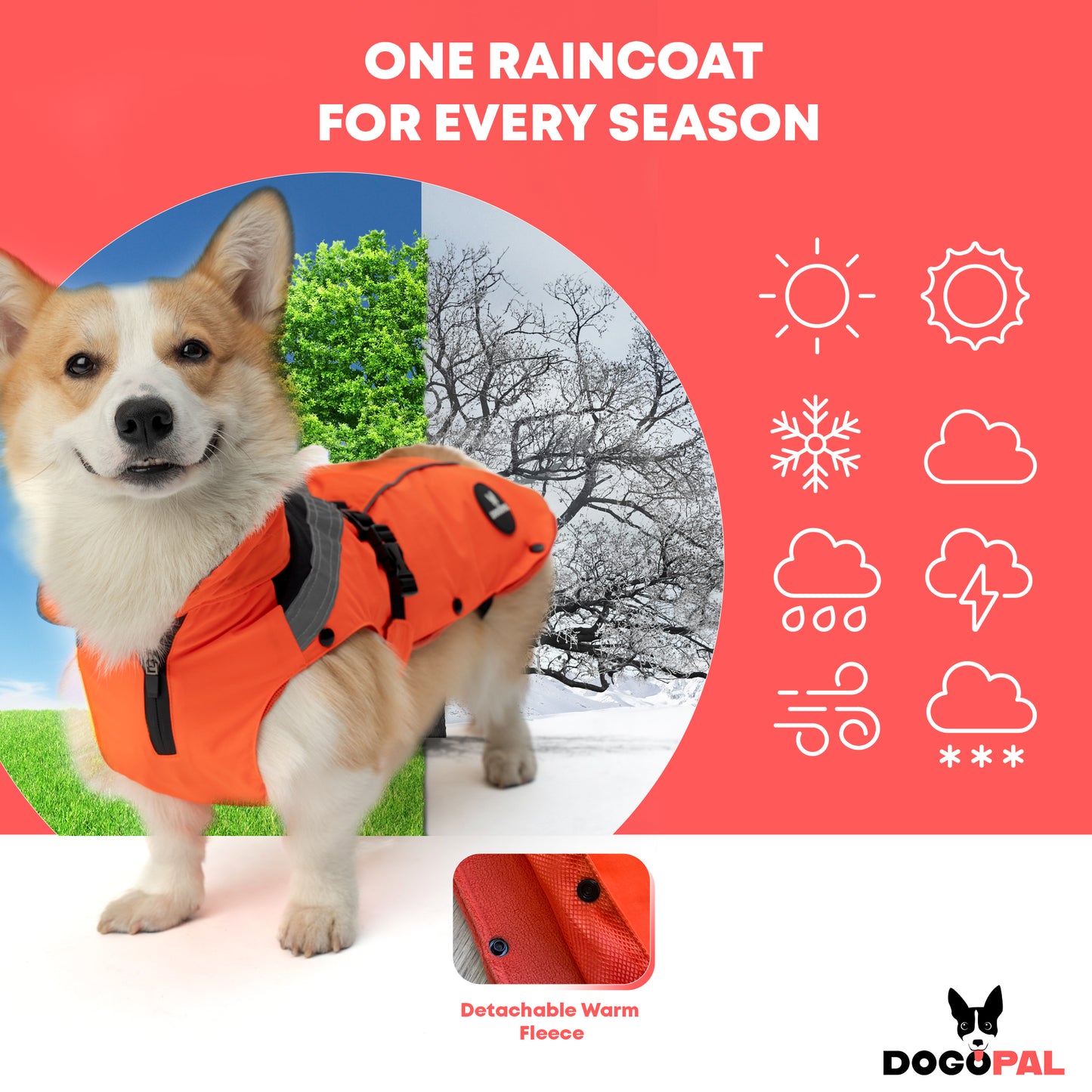 DOGOPAL All-Season Dog Coat with Removable Fleece - – Waterproof Dog Raincoat for Small & Large Dogs