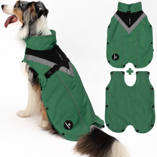 DOGOPAL All-Season Dog Coat with Removable Fleece – Waterproof Dog Raincoat for Small & Large Dogs GREEN