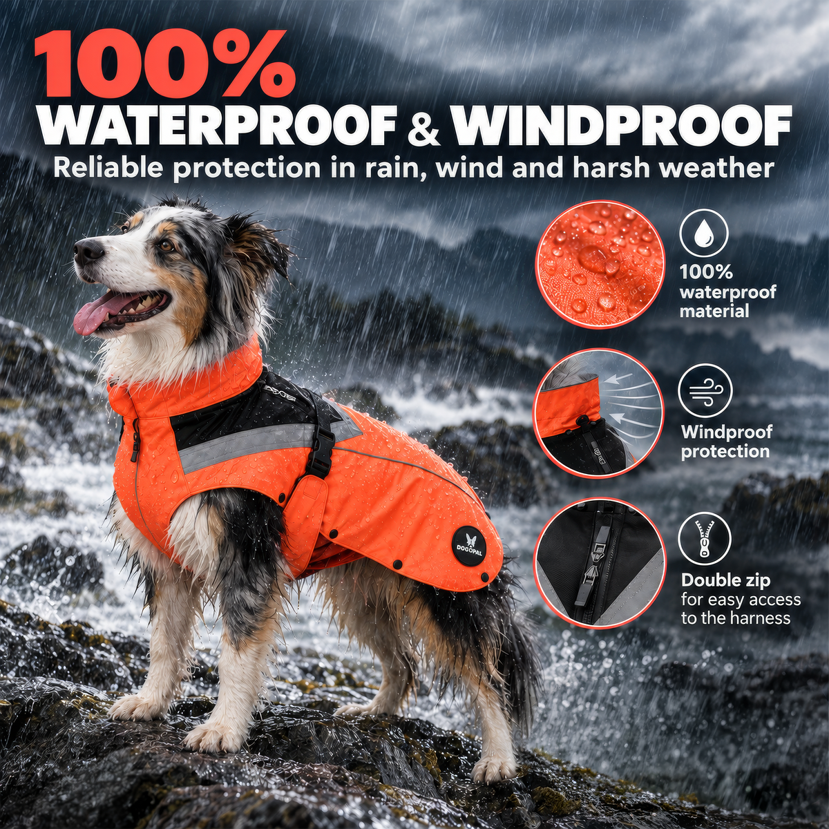 DOGOPAL All-Season Dog Coat with Removable Fleece - – Waterproof Dog Raincoat for Small & Large Dogs
