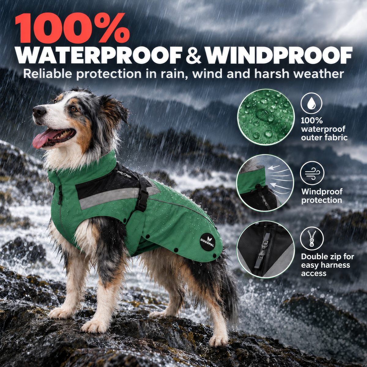 DOGOPAL All-Season Dog Coat with Removable Fleece – Waterproof Dog Raincoat for Small & Large Dogs GREEN