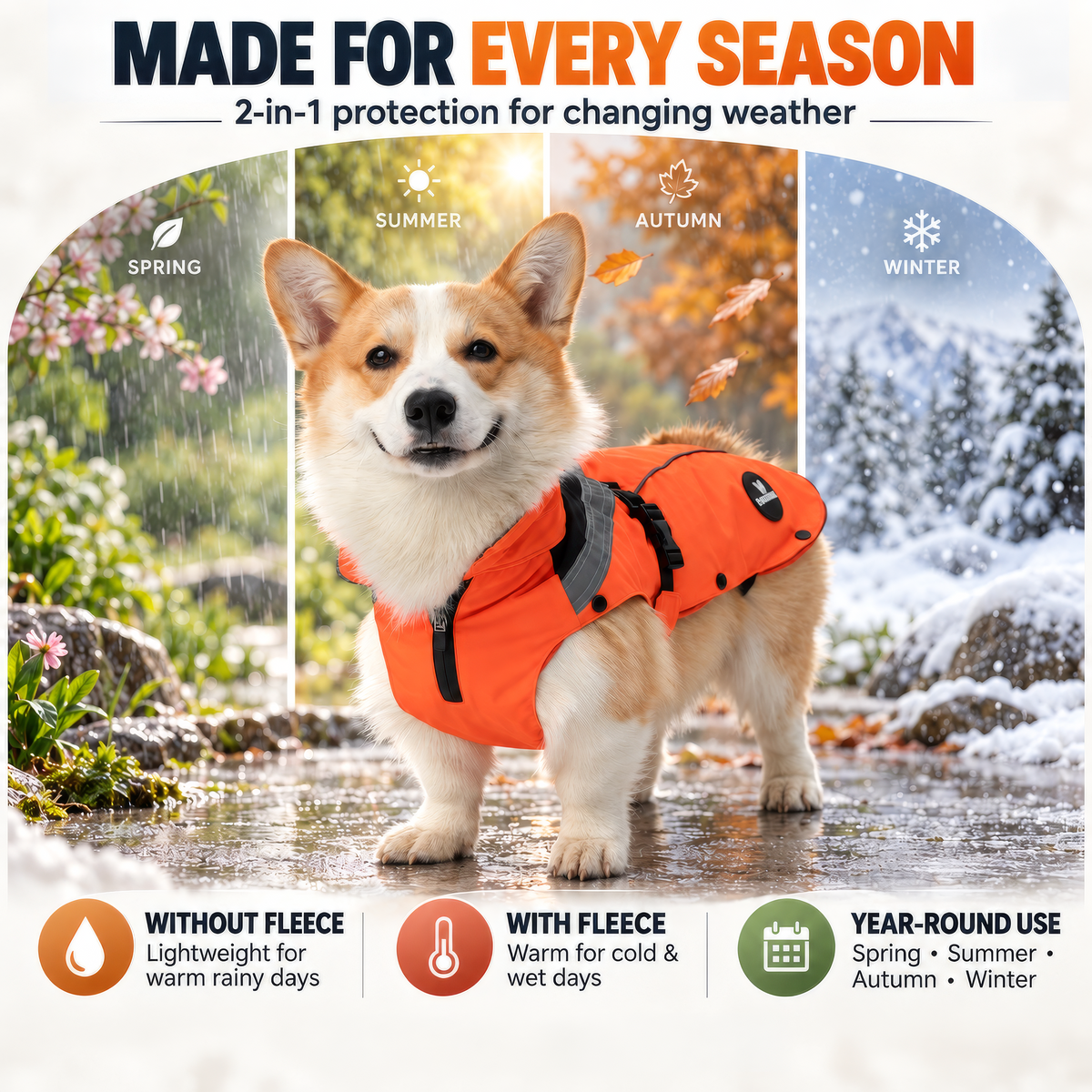 DOGOPAL All-Season Dog Coat with Removable Fleece - – Waterproof Dog Raincoat for Small & Large Dogs