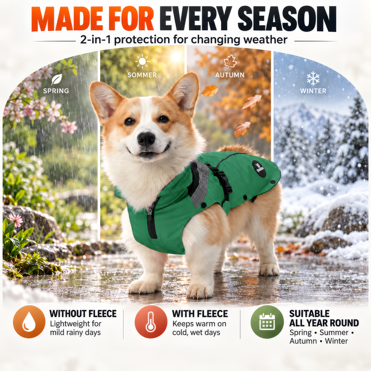 DOGOPAL All-Season Dog Coat with Removable Fleece – Waterproof Dog Raincoat for Small & Large Dogs GREEN