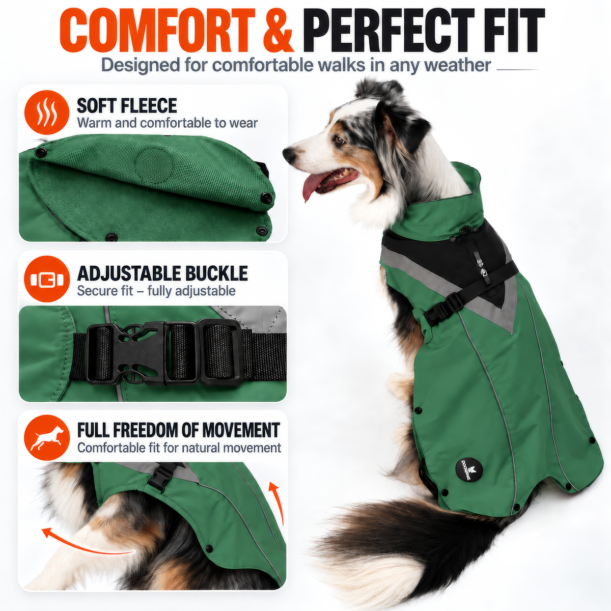 DOGOPAL All-Season Dog Coat with Removable Fleece – Waterproof Dog Raincoat for Small & Large Dogs GREEN