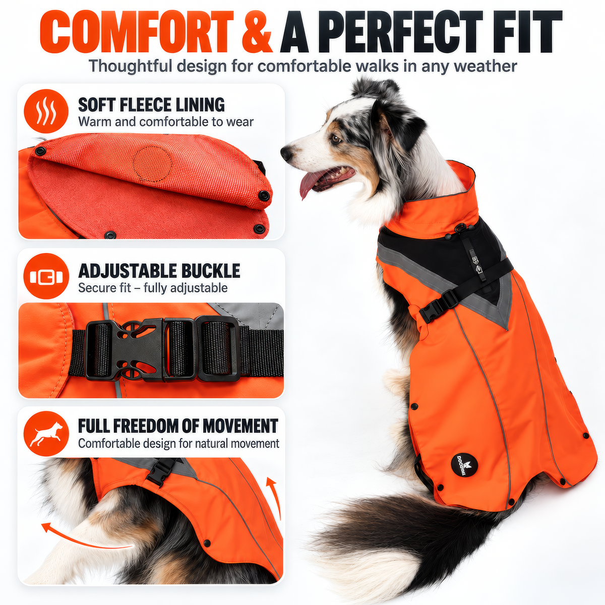 DOGOPAL All-Season Dog Coat with Removable Fleece - – Waterproof Dog Raincoat for Small & Large Dogs