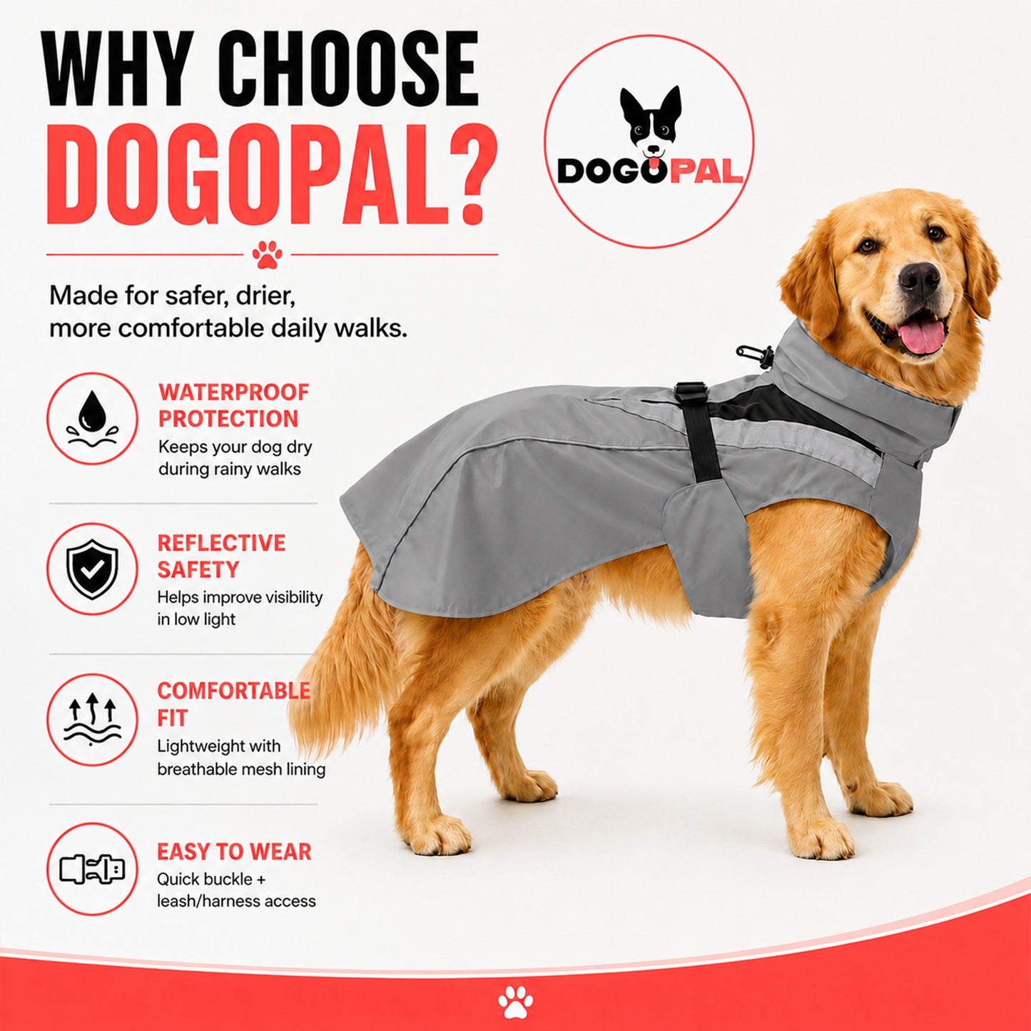 DOGOPAL Dog Raincoat- Reflective and Waterproof - for Small, Medium and Large Dogs