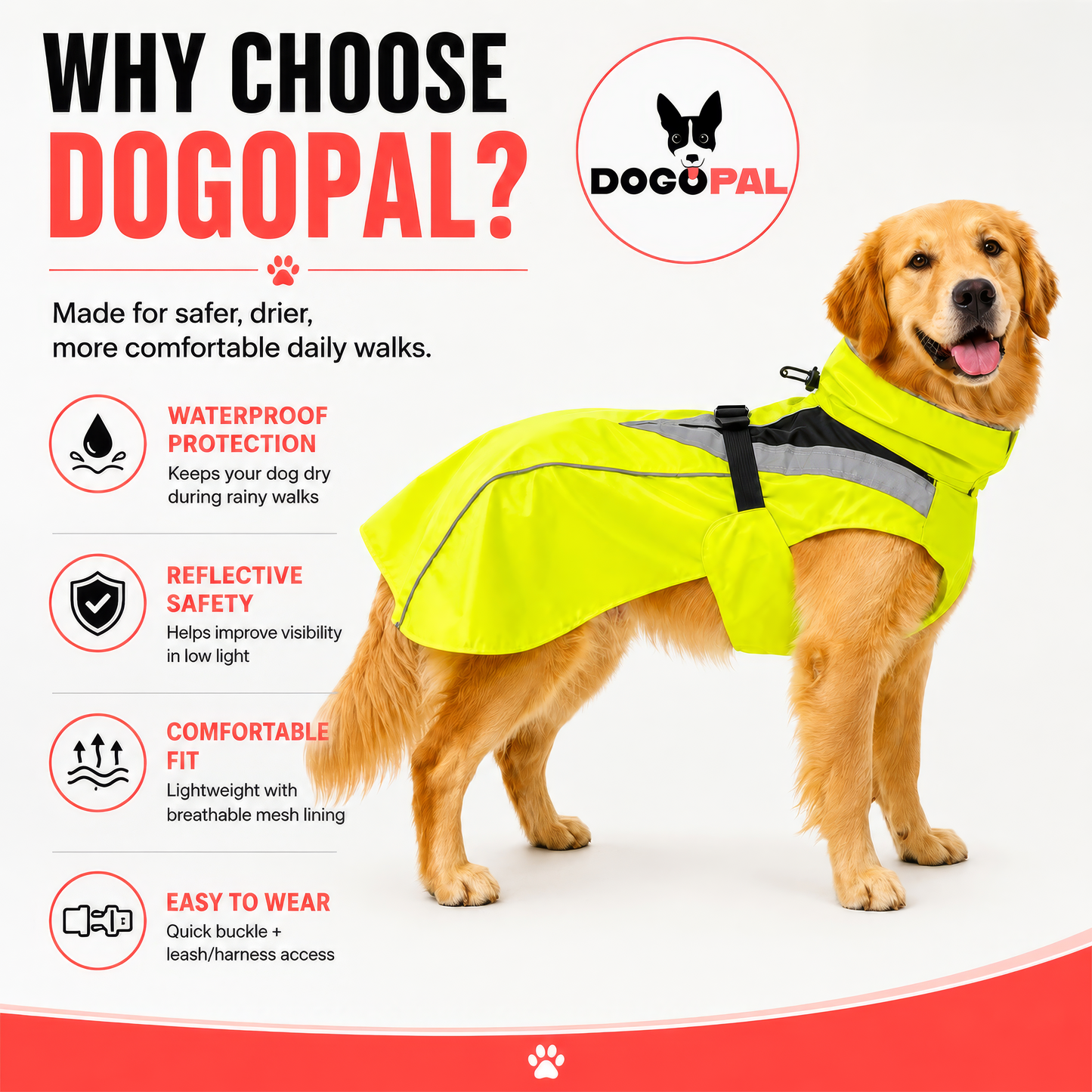 DOGOPAL Dog Raincoat- Reflective and Waterproof - for Small, Medium and Large Dogs